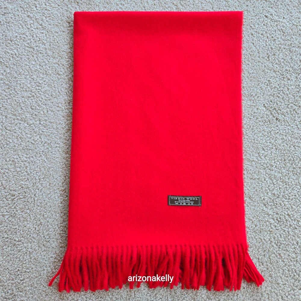 Wool/Cashmere Red Scarf with Fringe Virgin Wool